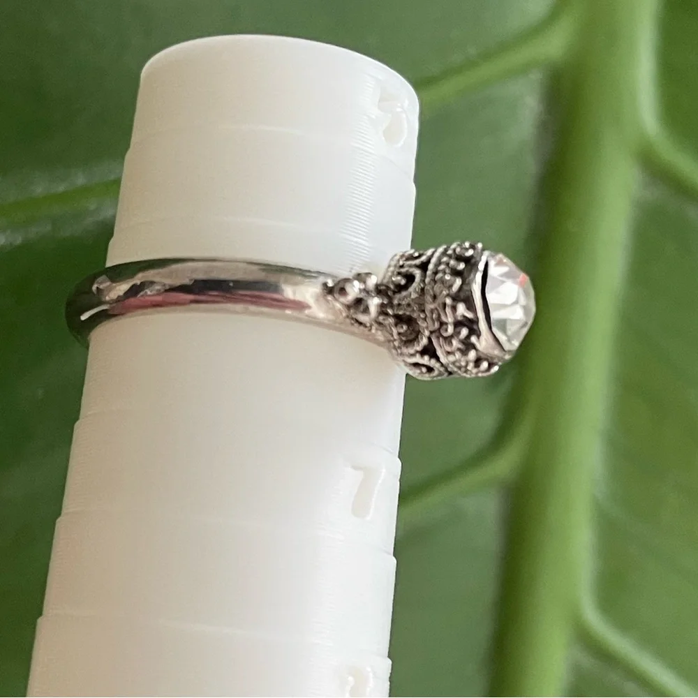 Stacking Ring Set with Filigree Solitaire with Clear Stone Sizes 6, 6.5, 7.5